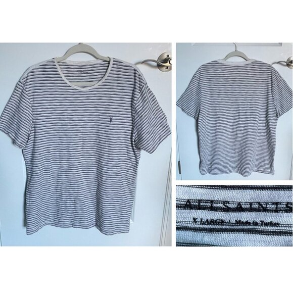 All Saints Gray White Striped Crewneck Short Sleeve T-Shirt - 29953 - Picture 1 of 14